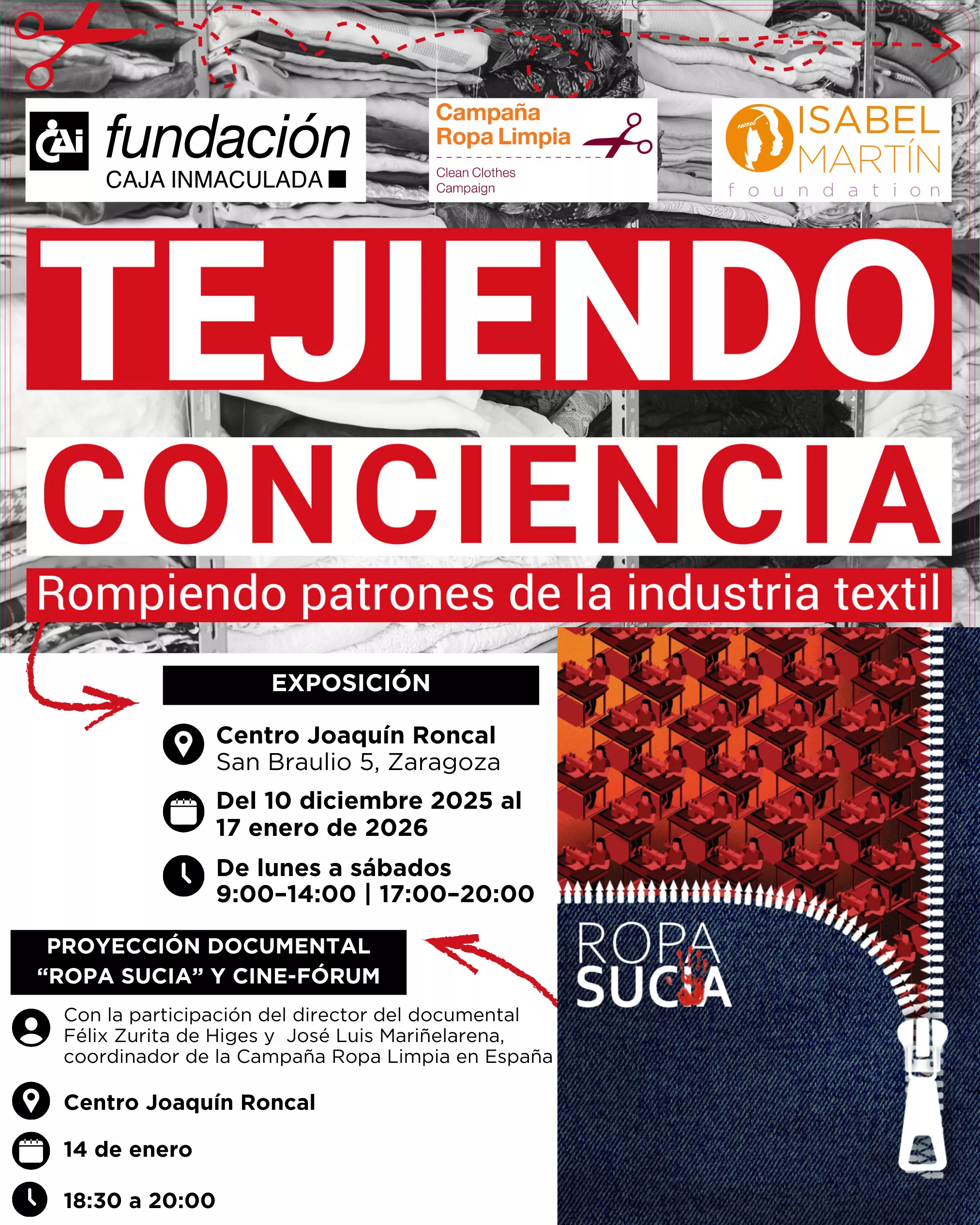 Exposición "Tejiendo conciencia. Rompiendo patrones de la industria textil" y Cine-Fórum, por Campaña Ropa Limpia